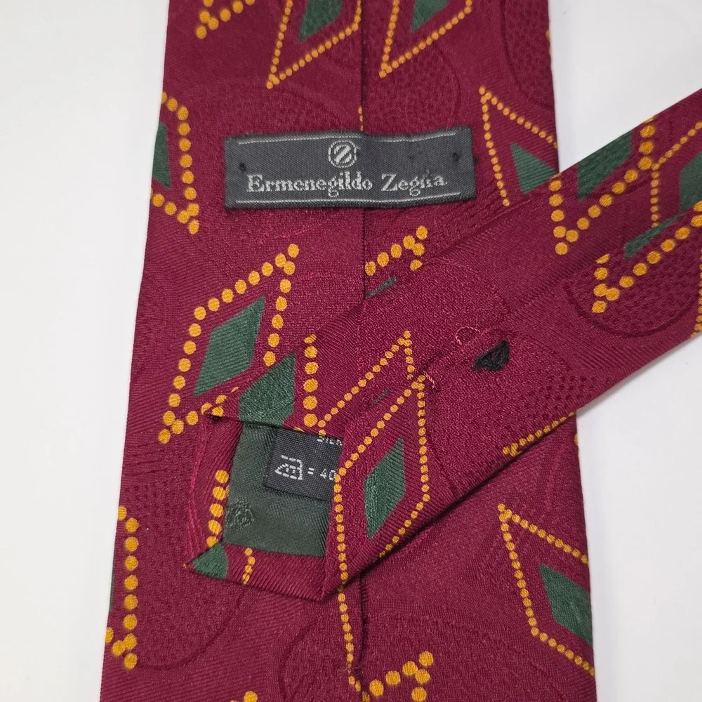 Ermenegildo Zegna Silk Tie Burgundy Green Gold Geometric Italy Designer